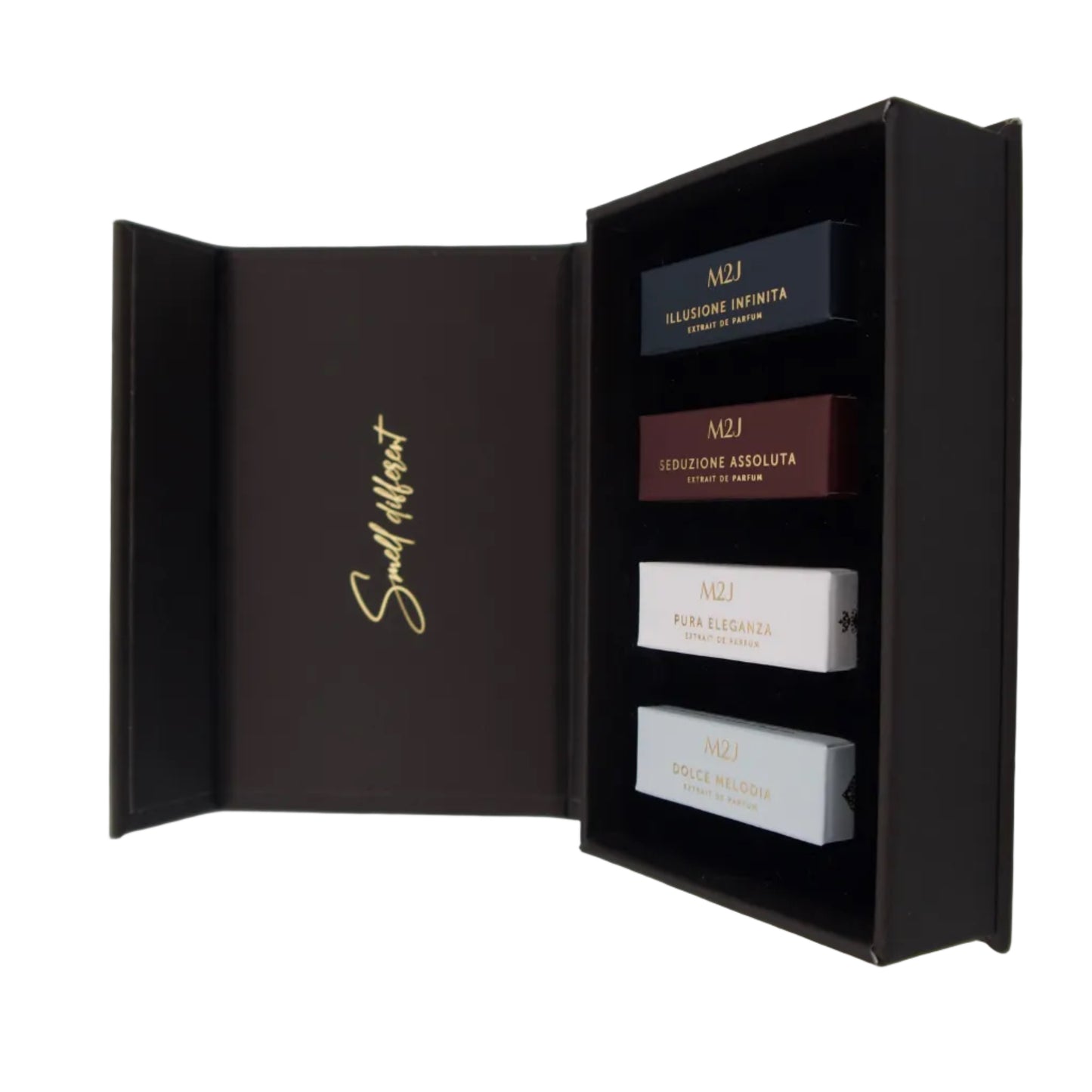 Verschiedene Signature Düfte von M2J Fragranza in eleganter Flasche, ideal zum Kennenlernen.