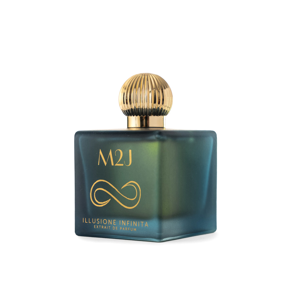 Flasche des Illusione Infinita Parfums von M2J Fragranza, elegantes Design, sichtbar auf weißem Hintergrund