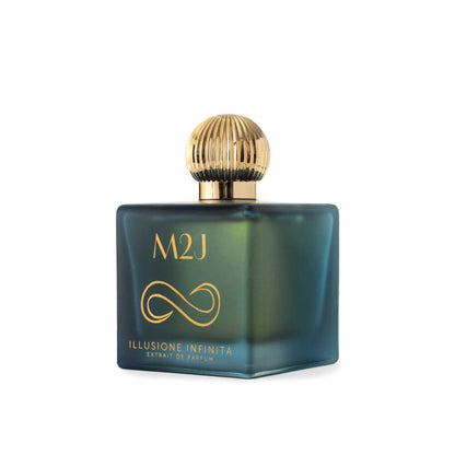 Flasche des Illusione Infinita Parfums von M2J Fragranza, elegantes Design, sichtbar auf weißem Hintergrund