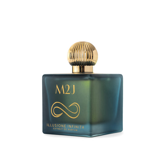 Flasche des Illusione Infinita Parfums von M2J Fragranza, elegantes Design, sichtbar auf weißem Hintergrund